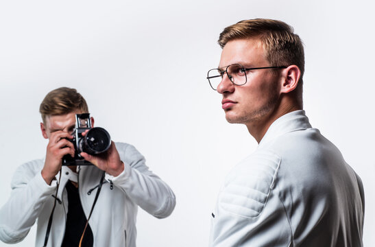 Twin Brothers Men Look Alike Use Vintage Photo Camera, Photographing