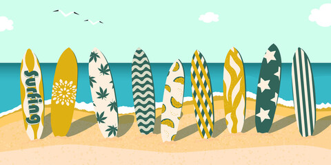 Set of beautiful surfboards on the ocean with waves. Active rest and healthy lifestyle. Summer travel. Surfing is a water sport. Vector. - obrazy, fototapety, plakaty