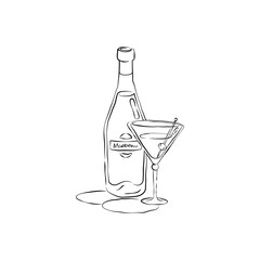 Bottle and glass martini together in hand drawn style. Beverage outline icon. Restaurant illustration for celebration design. Retro sketch. Line art. Design element. Isolated on white background
