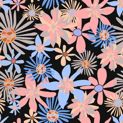 seamless pattern with subtle flower meadow  on dark