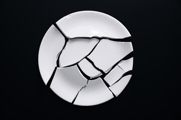 shards from a broken white plate on a black background.