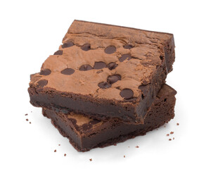 Chocolate chip brownie squares on white.
