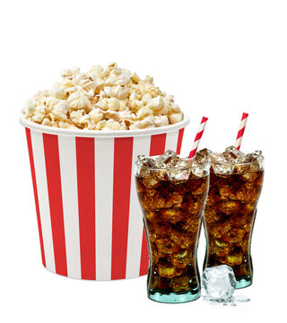 Original cola glasses with popcorn bucket isolated on white background