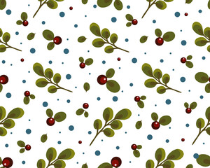seamless pattern with red berries and leaves, branches, autumn background with botanical elements, stylized vector graphics