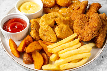 Chicken nuggets, strips, french fries, fried potatoes, ketchup and cheese sauce on a light background. Fast food closeup	