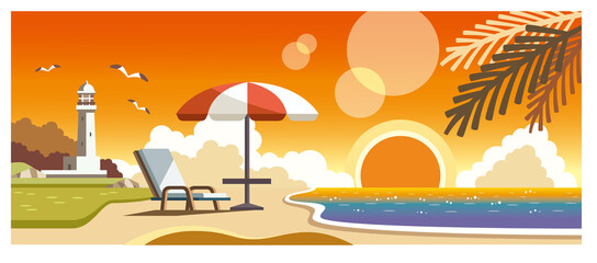 Obraz premium 夕日の海とビーチチェアと灯台のイラスト素材
