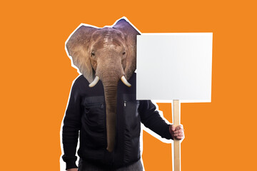 Man with elephant face holds a banner. Concept - protest action on theme of nature. Protest of...
