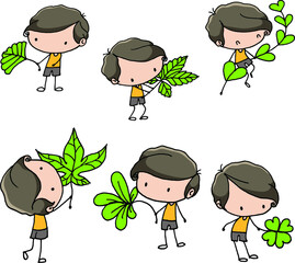 vector cartoon boy and girl holding flowers and leaf set