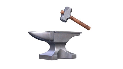 Anvil and hammer isolated on white background. 3d render illustration