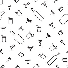Seamless pattern of monochrome minimalistic cocktail alcoholic drinking glass and bottle in flat style. ready to use for cloth, textile, wrap and other.
