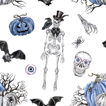 Halloween seamless pattern. Watercolor skull, dead head, vintage goth skeleton in top hat, raven, bats, Jack O Lantern pumpkins on white background. Scary and funny holiday print.