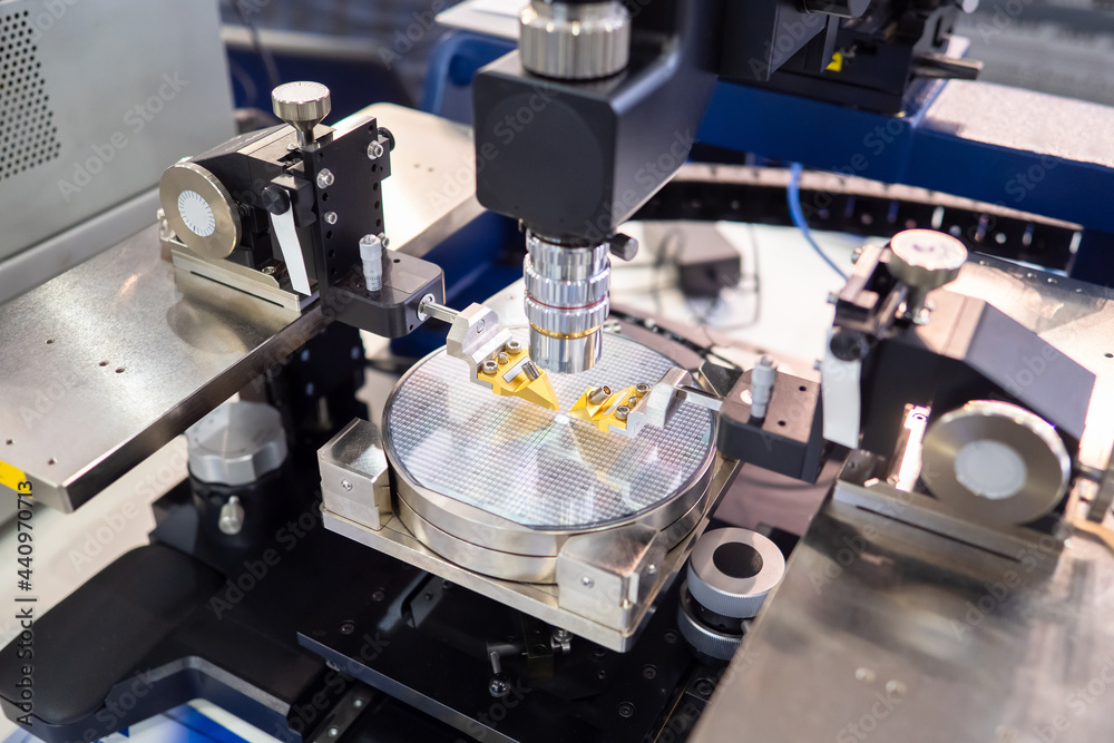 Poster PCB production. Silicon wafers for production of microelectronics. System Wafer Testing. Silicon plate under microscope. Microprocessor manufacturing process. Laser equipment for system wafer testing