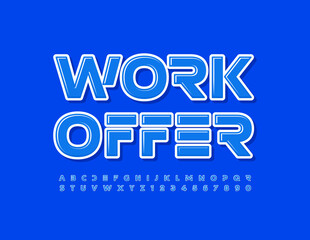 Vector Bright Logo Work Offer. Modern Original Font. White and Blue Alphabet Letters and Numbers