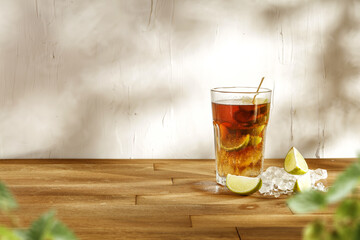 Fresh cold ice tea on table and wall with shadows 