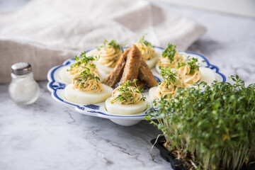 Kalte gefüllte russische Eier mit Frischkäse, Kresse und Kräuter farciert auf Blau Weiß...