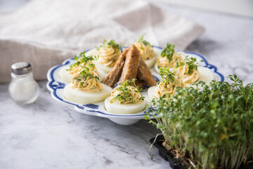Kalte gefüllte russische Eier mit Frischkäse, Kresse und Kräuter farciert auf Blau Weiß Porzellan Eierplatte, Leinen Tuch und Marmor Hintergrund hell mit Salzstreuer und Toast Brot 