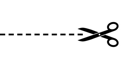 Scissor with dot line. Black scissors isolated on white background. Cut coupon. Snip ribbon. Separation element. Scissor with ribbon for design dash border page. Dotted outline on paper. Vector