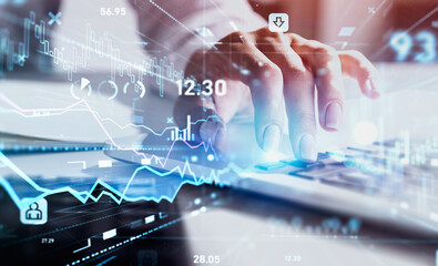 Various financial charts showing increase of price in stock market, digitalization and internet trading concept, close up of business woman hand typing laptop keyboard. Digital interface. Forex