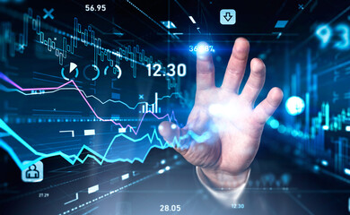 Financial graph showing increase of price in stock market, digitalization and internet trading concept, business person touching digital interface by finger. Forex. Double exposure
