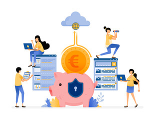 Vector Design Of Cloud Banking Protection And Security System In Efficiency To Collect And Manage Customer Funds. Illustration Can Be For Websites, Posters, Banners, Mobile Apps, Web, Social Media