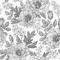 Seamless monochrome gray floral pattern with peony flowers. © acnaleksy