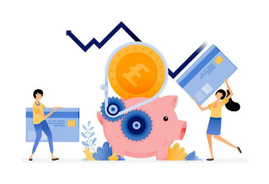Vector Design Of Economic And Banking System For Saving, Loan, Debt And Consumption. Increase In Credit Card Loans. Illustration Can Be For Websites, Posters, Banners, Mobile Apps, Web, Social Media