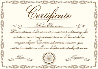 A4 size vintage style certificate vector design with hand drawn flourish swirl frame. Vintage diploma border frame template illustration to use in invitation, card, calligraphy, retro design projects.