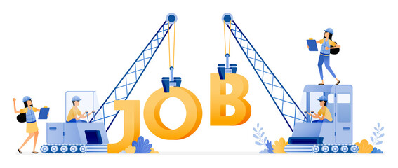Vector Design of Job vacancies for Construction and property sector. Excavator Transporting Words that read JOB. illustration Can be for websites, posters, banners, mobile apps, web, social media, ads