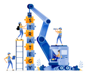 Vector Design of Build Teamwork with strategies. solving puzzles for cooperation. construction and heavy equipment. illustration Can be for websites, posters, banners, mobile apps, web, social media