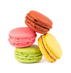 Fresh macaroons isolated on white background. Sweet and colourful french macaron.