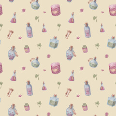 Watercolor hand-drawn illustrated pattern with pink and green botlles and jars