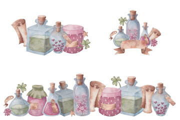 Watercolor hand-drawn illustration with pink and green botlles and jars