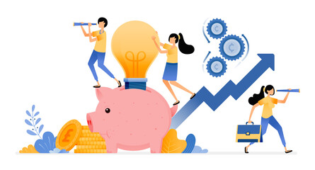 Vector Design of saving ideas for increase investment in future. piggy bank light bulb. financial banking innovation. illustration Can be for websites, posters, banners, mobile apps, web, social media