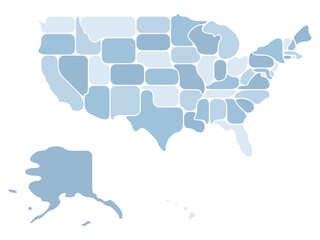 Obraz premium Simplified map of USA, United States of America. Retro style. Geometrical shapes of states with rounded borders. Simple flat blank vector map