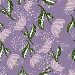 Botanic seamless pattern with simple random tulip flowers shapes. Purple pastel background with splashes.