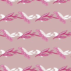 Garden seamless pattern with doodle field flowers shapes. Lilac background. Creative flora shapes.