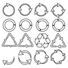 Recycling icons. Black circle arrows environmental labels. Bio garbage, biodegradable waste and reuse trash, ecology pictograms isolated vector  set