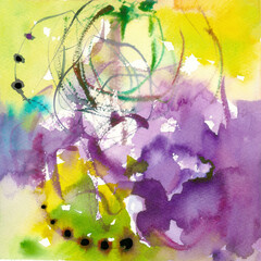Abstract purple and yellow colorful wall art or wallpaper or background watercolor and pastel painting, hand drawn artwork
