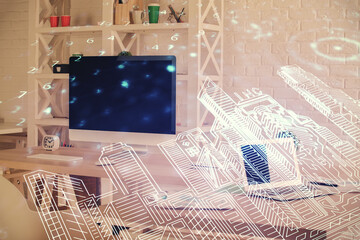 Multi exposure of town drawings and office interior background. Smart city concept.