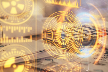 Double exposure of tech drawing and desk with open notebook background. Concept of technology