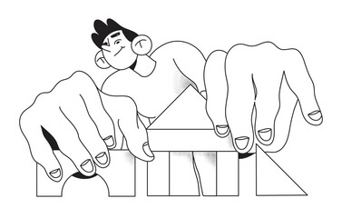 Young man creating or constrcuting project or website from gometric shapes in black and white simle line style. Concept for ui, ux or web design with character. Object, prototype and constructor.