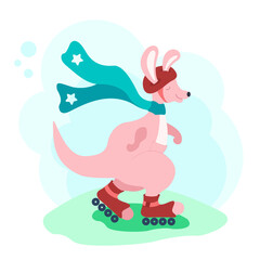 Funny cartoon kangaroo with scarf and in protective helmet is rollerblading isolated on white background. Vector illustration