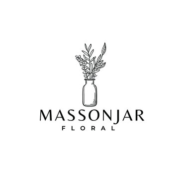 Glass Masson Jar With Plant Floral Leaves Botanical Flower Drawing Logo Vector Illustration Template Icon 