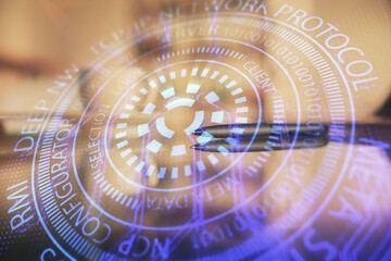 Double exposure of Ai data theme drawing over coffee cup background in office.