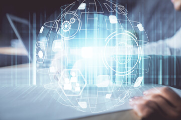 Double exposure of social network theme drawing over people taking notes background. Concept of human connection