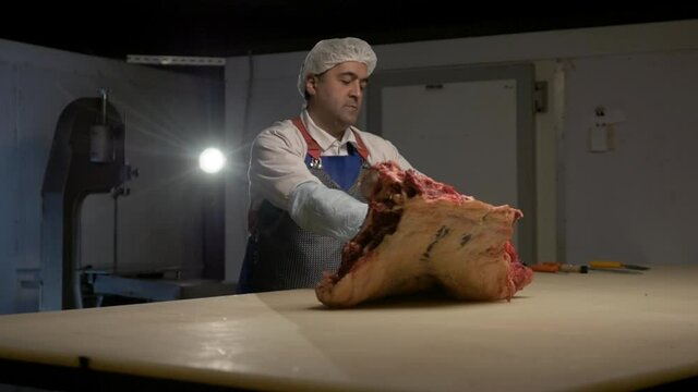 Butcher turn beef carcas on table at meat processing plant. Butcher in slaughterhouse. Meat production and food industry. Slow motion