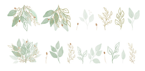 Fototapeta na wymiar Vector Big Set botanic elements - wildflowers, herbs, leaf. Green and gold collection garden and wild foliage, flowers, herbal branch. Vector arrangements for greeting card or invitation design.