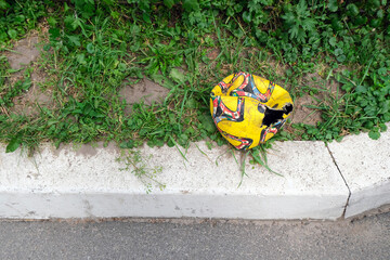 Bright summer football background. Yellow torn ball with flags of different countries on a background of green grass. Empty space for your text or design.