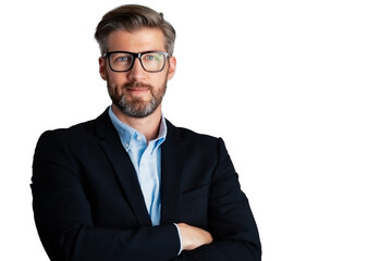 Happy businessman looking at camera and smiling while standing at isolated white background