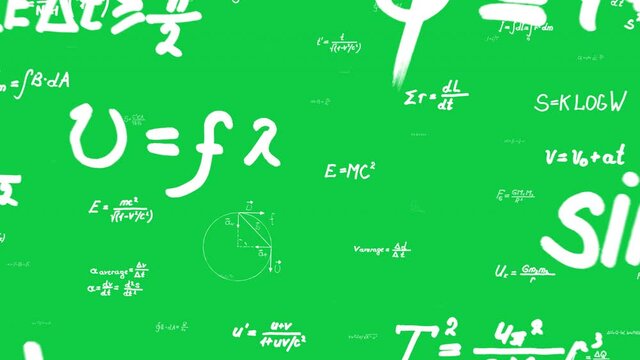 Math and physics formulas. Seamless loop with chroma key, 16 bit depth. Camera flies through handwritten mathematics equations and geometric shapes.